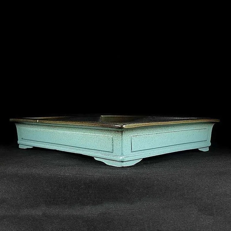 Green handmade ceramic bonsai pot with retro purple sand crackled glaze