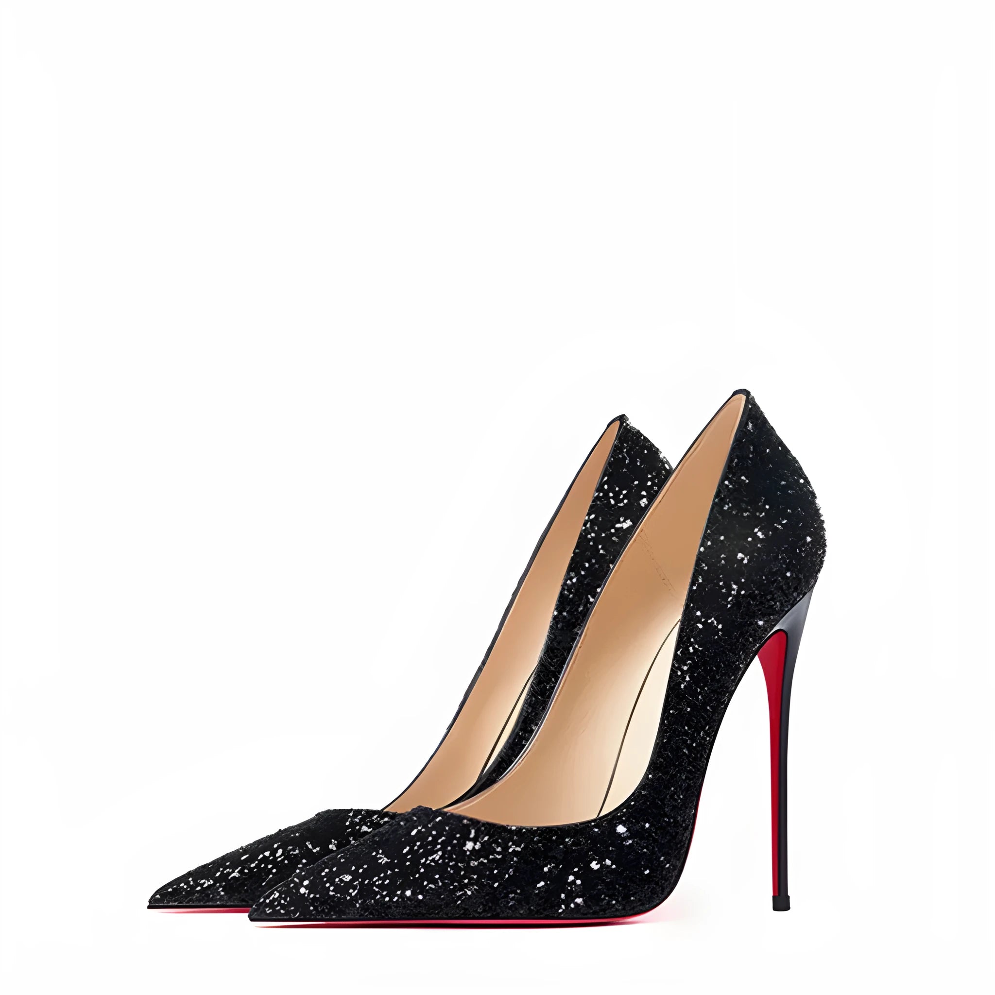 Women's black and silver sequin super pointed high heel shoes with 12cm slim stiletto heel