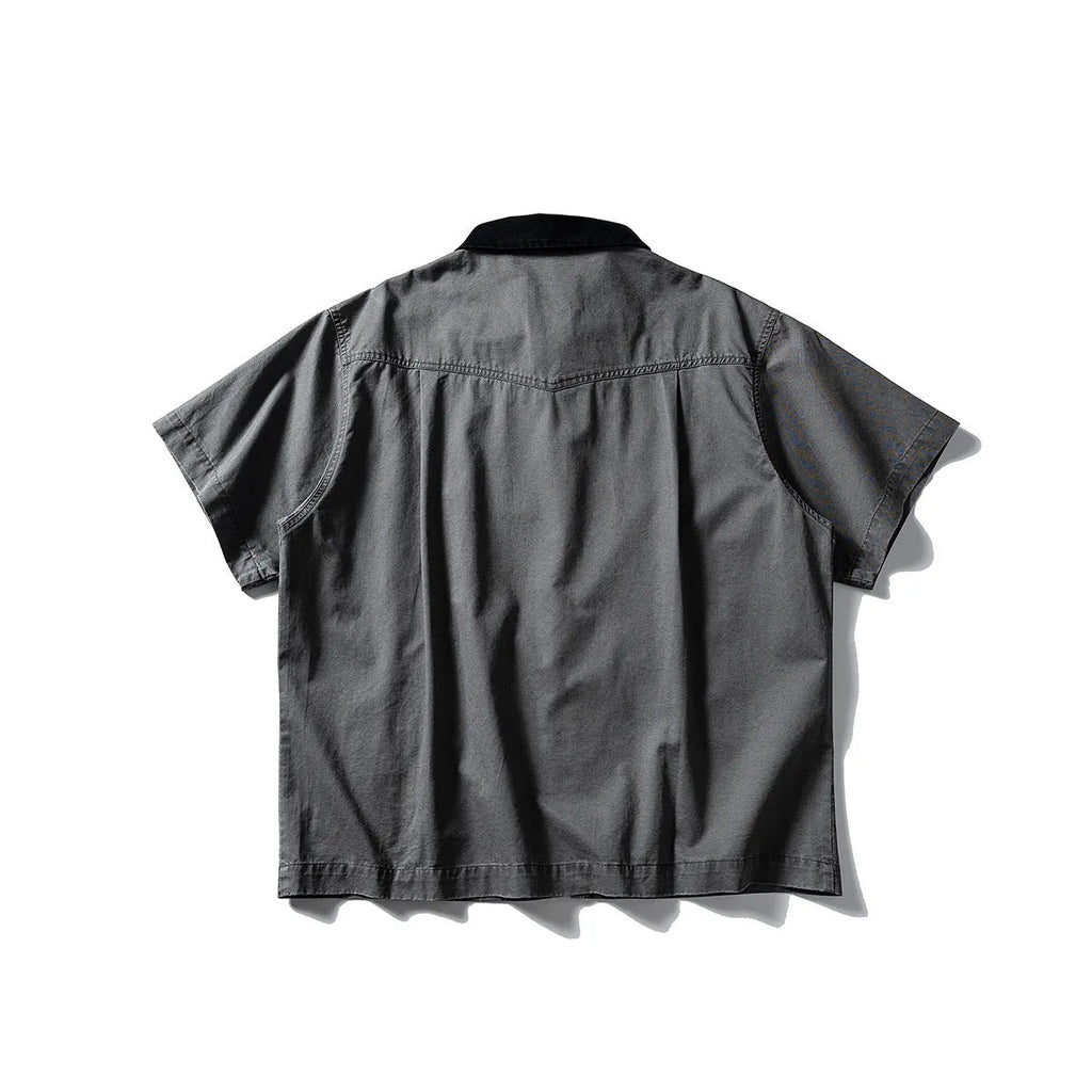 Short sleeve washed overalls shirt in loose cardigan style, cotton fabric, khaki or grey colours