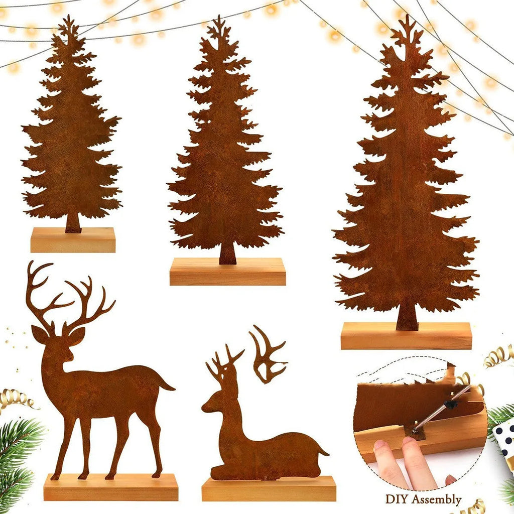 Set of three rusty iron Christmas tree ornaments with elk silhouettes, American-style metal decor.