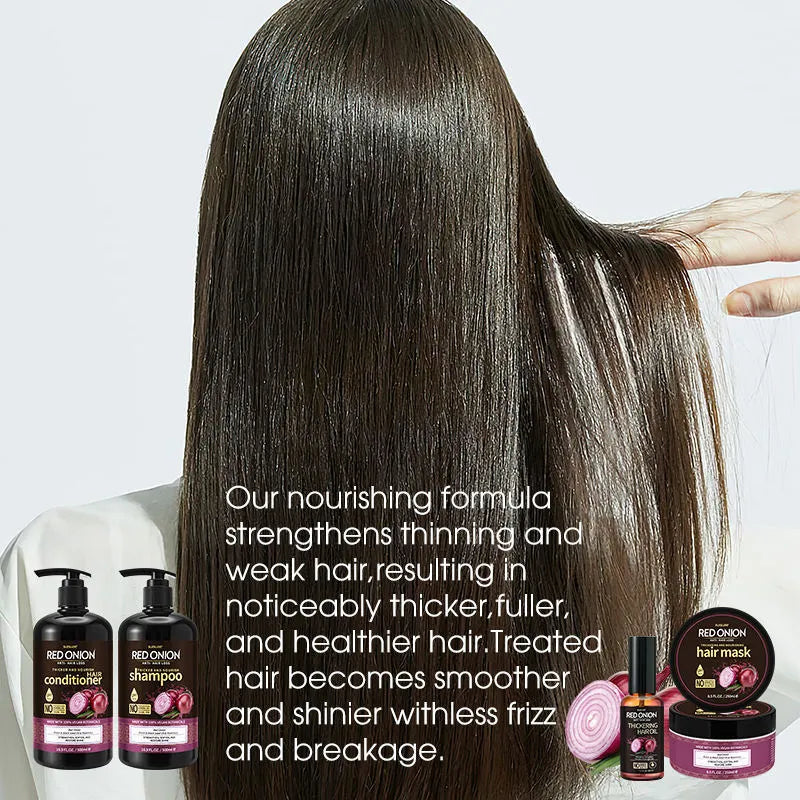 Red onion shampoo and conditioner 4-piece set with shampoo, conditioner, hair mask and essential oil bottles