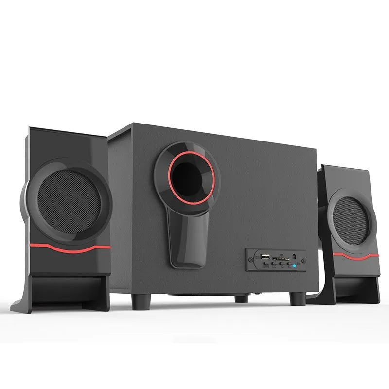 Wooden 21 multimedia speaker with knob controls, USB power, and bass boost