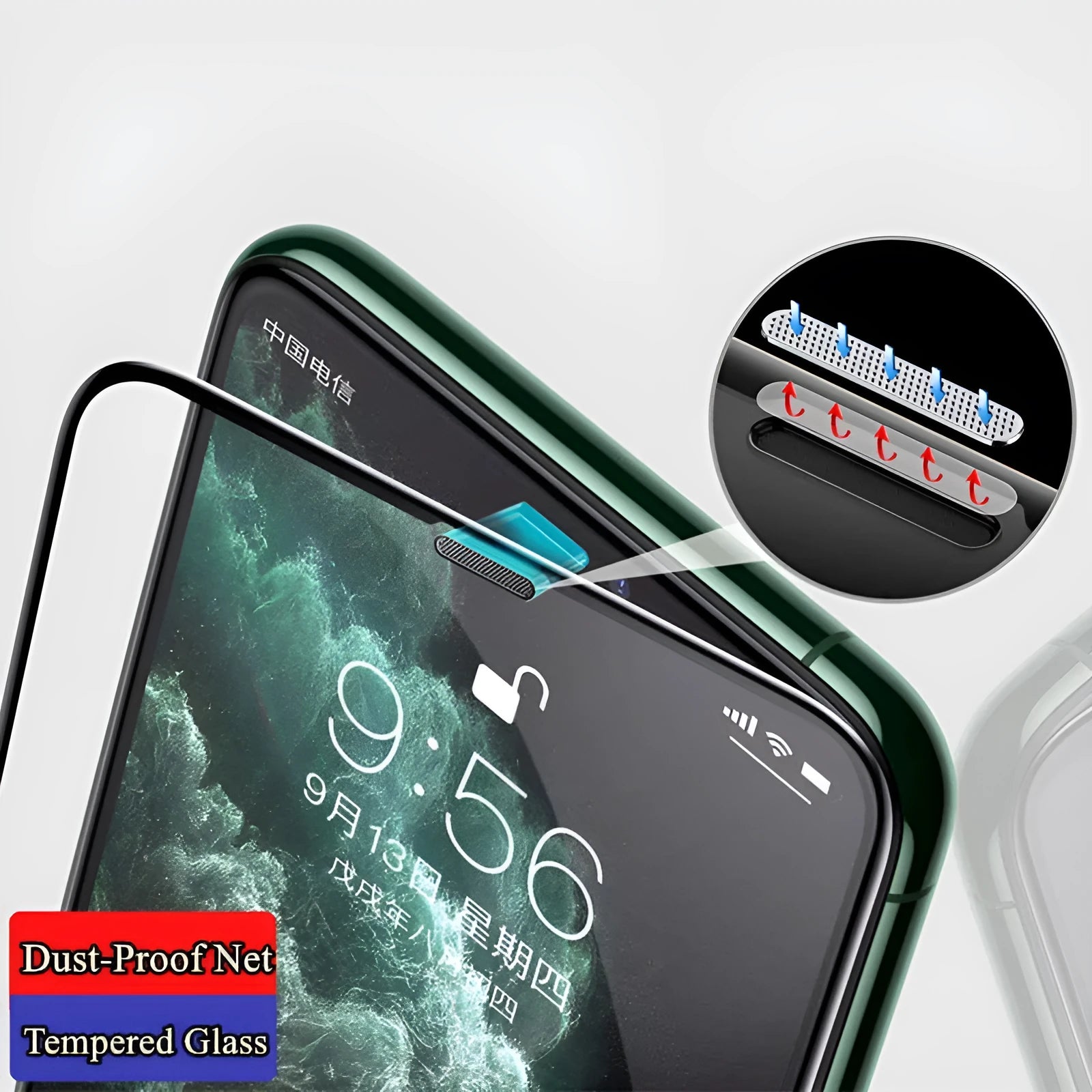 Tempered glass privacy screen protector with dustproof net for iPhone on a phone screen.