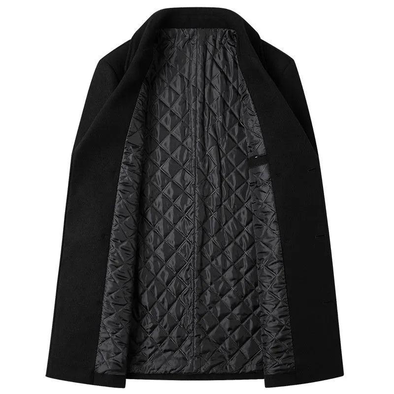 Men's double-breasted lapel mid-length wool coat in loose fit, available in black colour, European sizes S to XXL