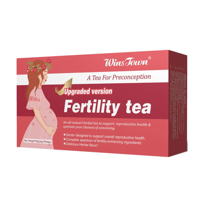 Box of fertility supplement tea containing 30 individual tea bags, part of a 3-box pack.