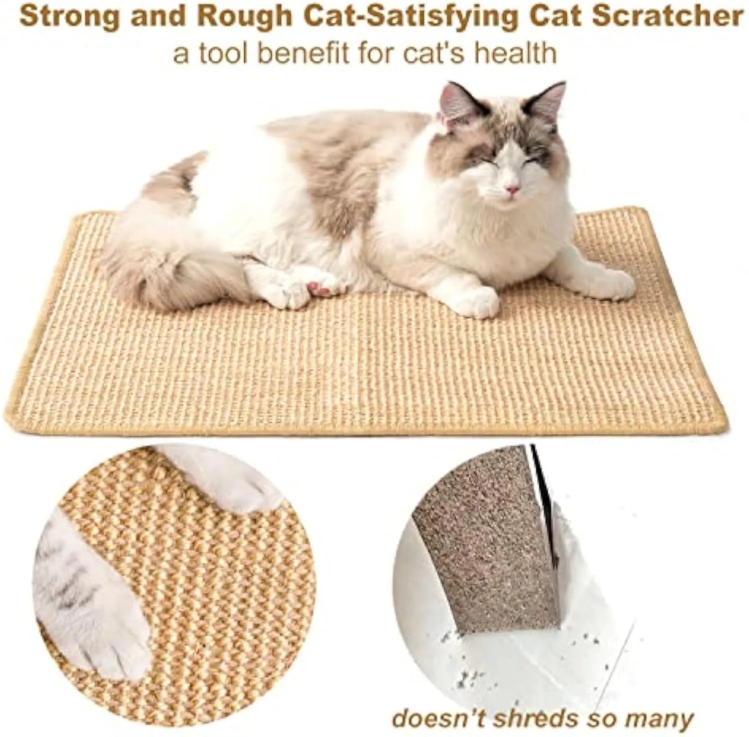 Natural sisal cat scratch pad with adhesive hook and loop tape for indoor cats, 23.6x15.7 inch standard size