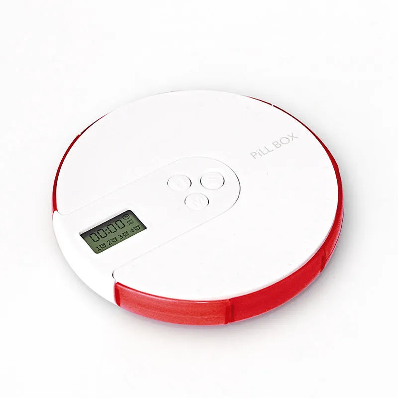 Compact blue 7-compartment alarm clock pill dispenser with digital timer display.