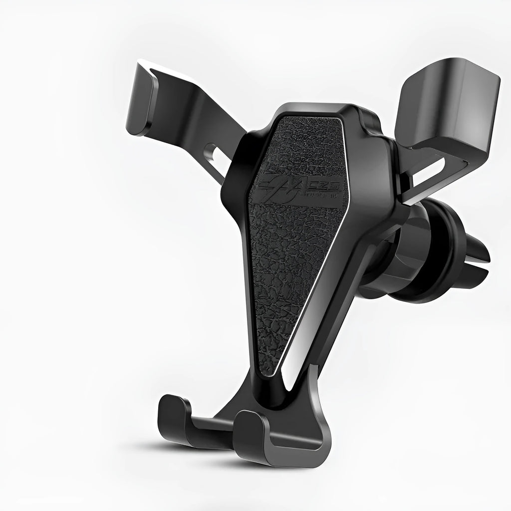 Universal car air vent phone mount in elegant black, holding a smartphone, with adjustable cradle for 66-84mm devices.