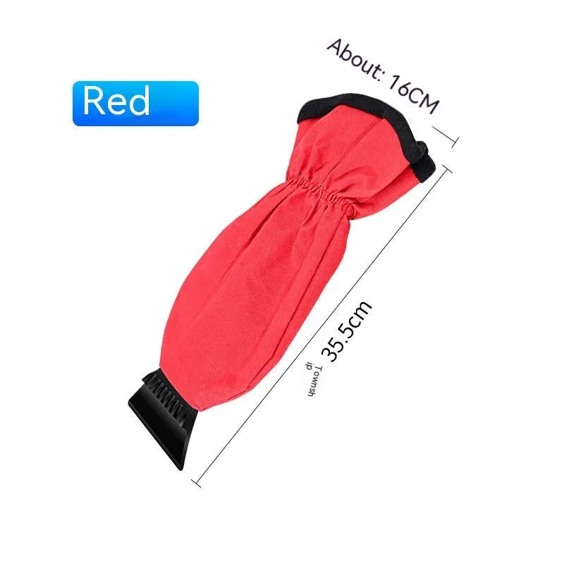 Red and blue car snow plough shovel with ice scraper edge and wide blade