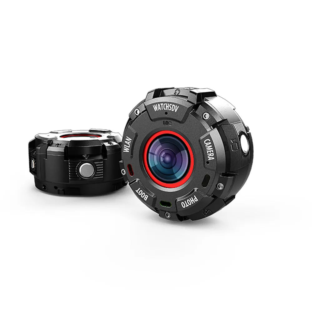 Black waterproof sports digital camera showing front view with lens and display
