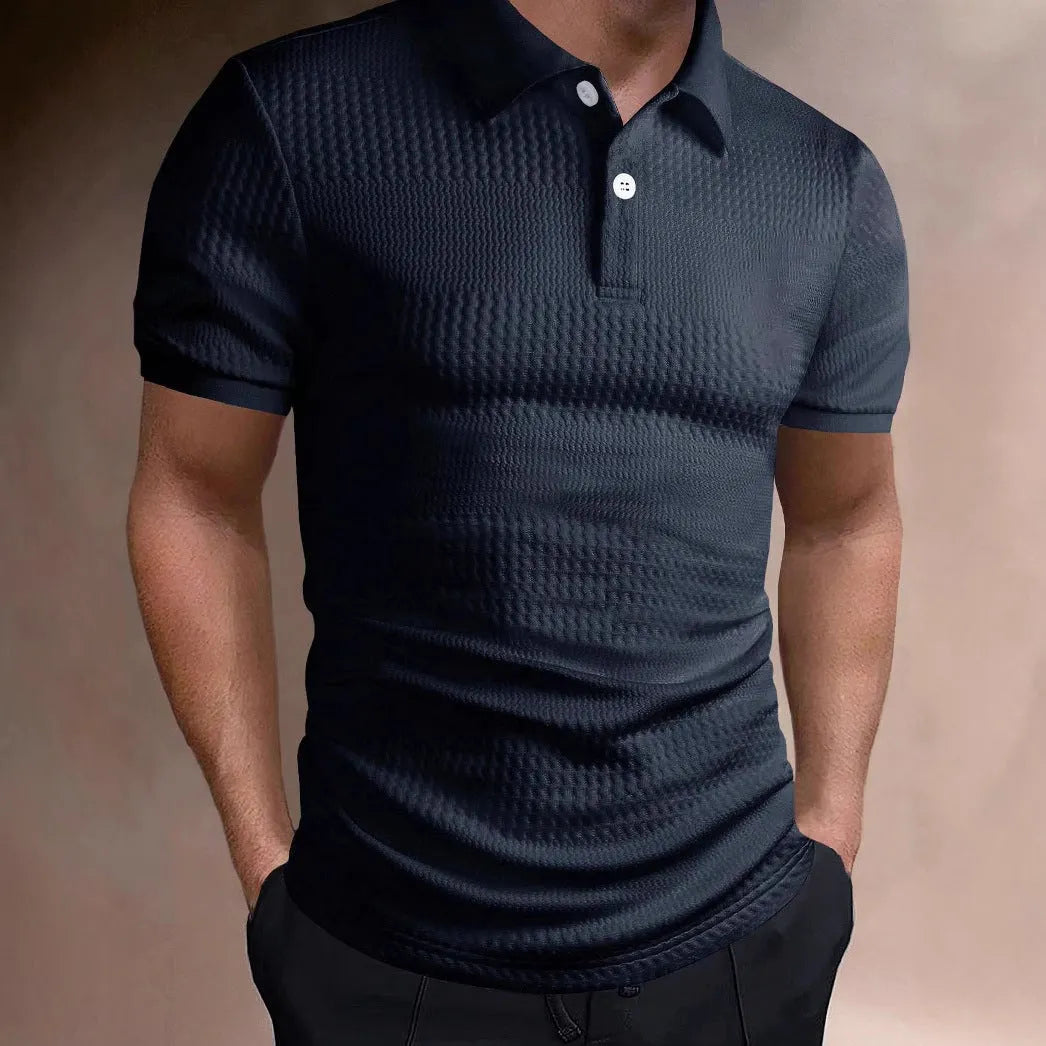 Men's striped polo shirt in light blue, loose fit, short sleeve, polyester blend fabric, summer casual top