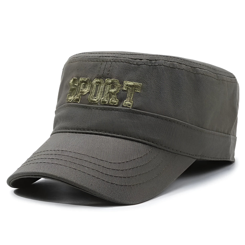 Men's adjustable flat-top peaked cotton cap in army green with English letter detailing on the front