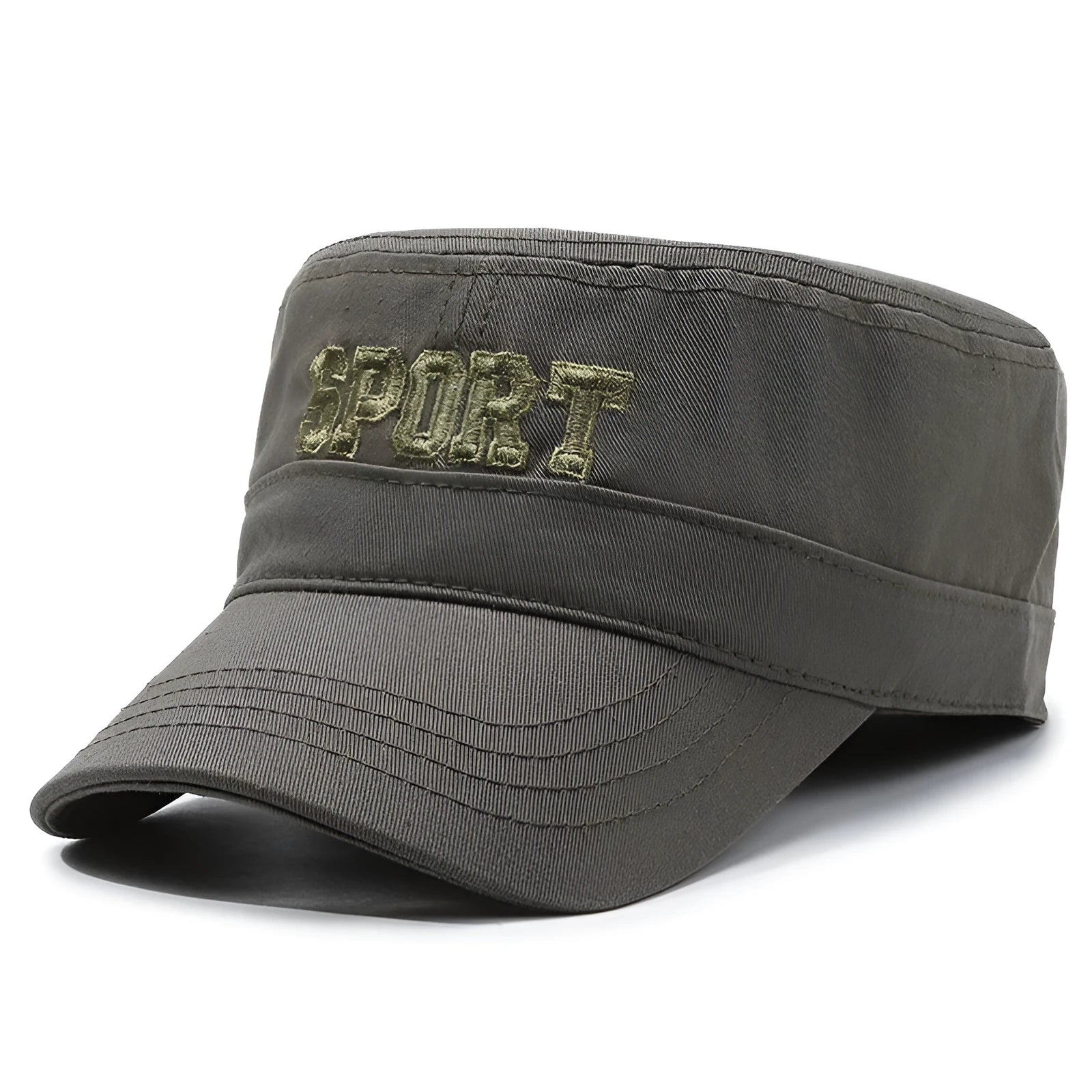 Men's adjustable flat-top peaked cotton cap in army green with English letter detailing on the front