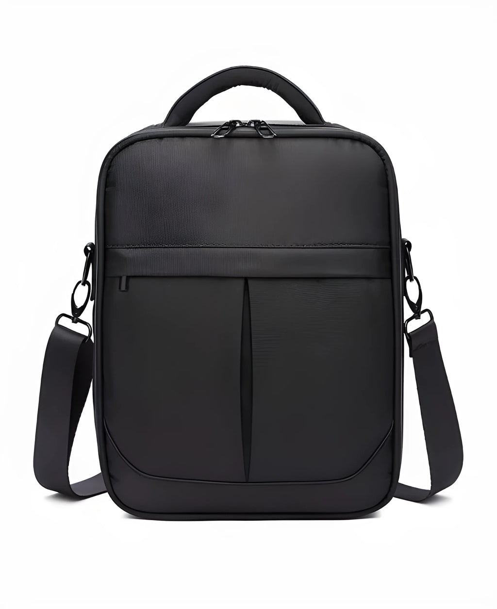 Black men's Oxford fabric messenger shoulder bag showing dimensions of 24x11x31 cm.