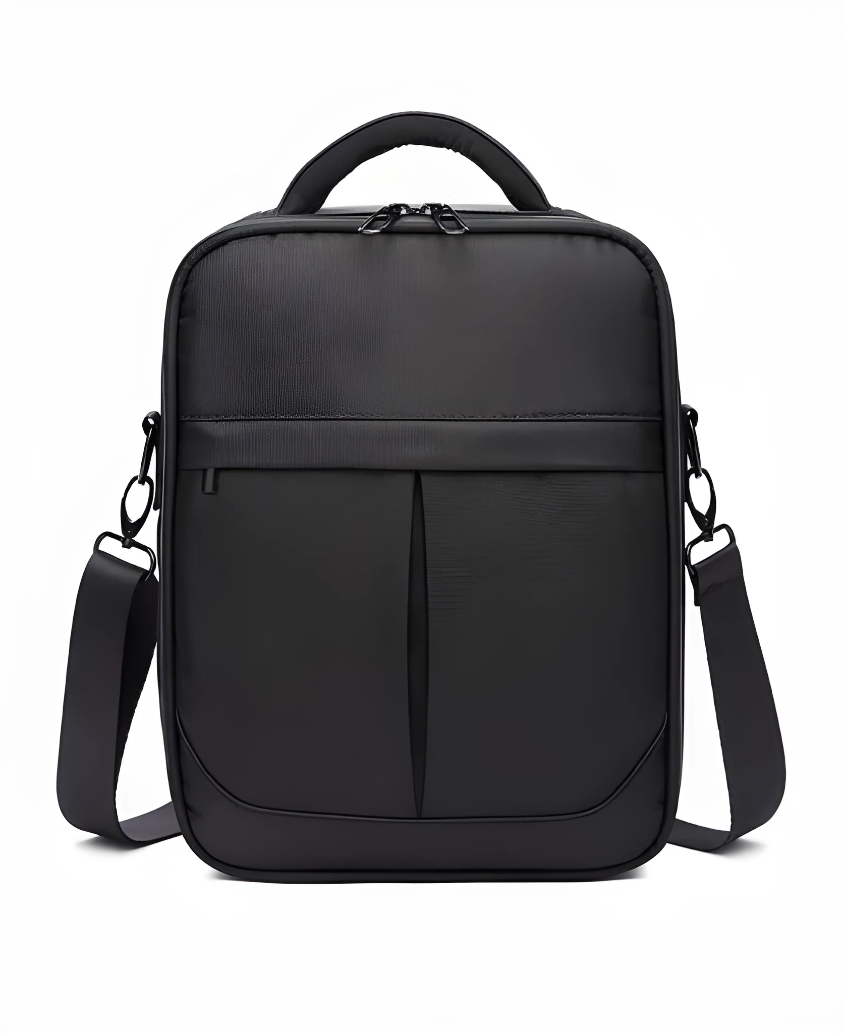 Black men's Oxford fabric messenger shoulder bag showing dimensions of 24x11x31 cm.