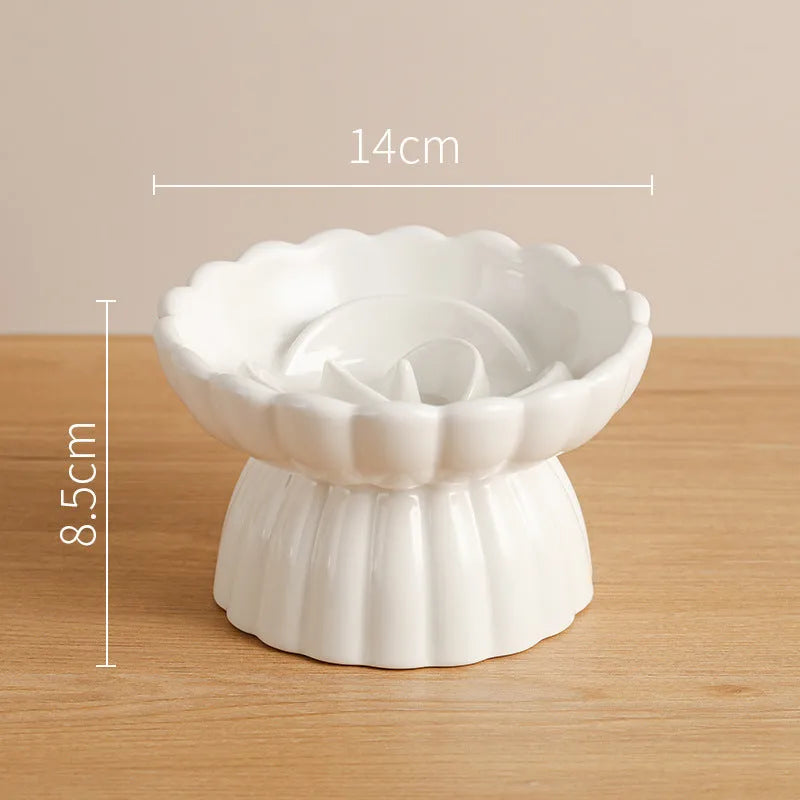 Ceramic flower pool slow feed dish for cats and small dogs with higher edges, in white