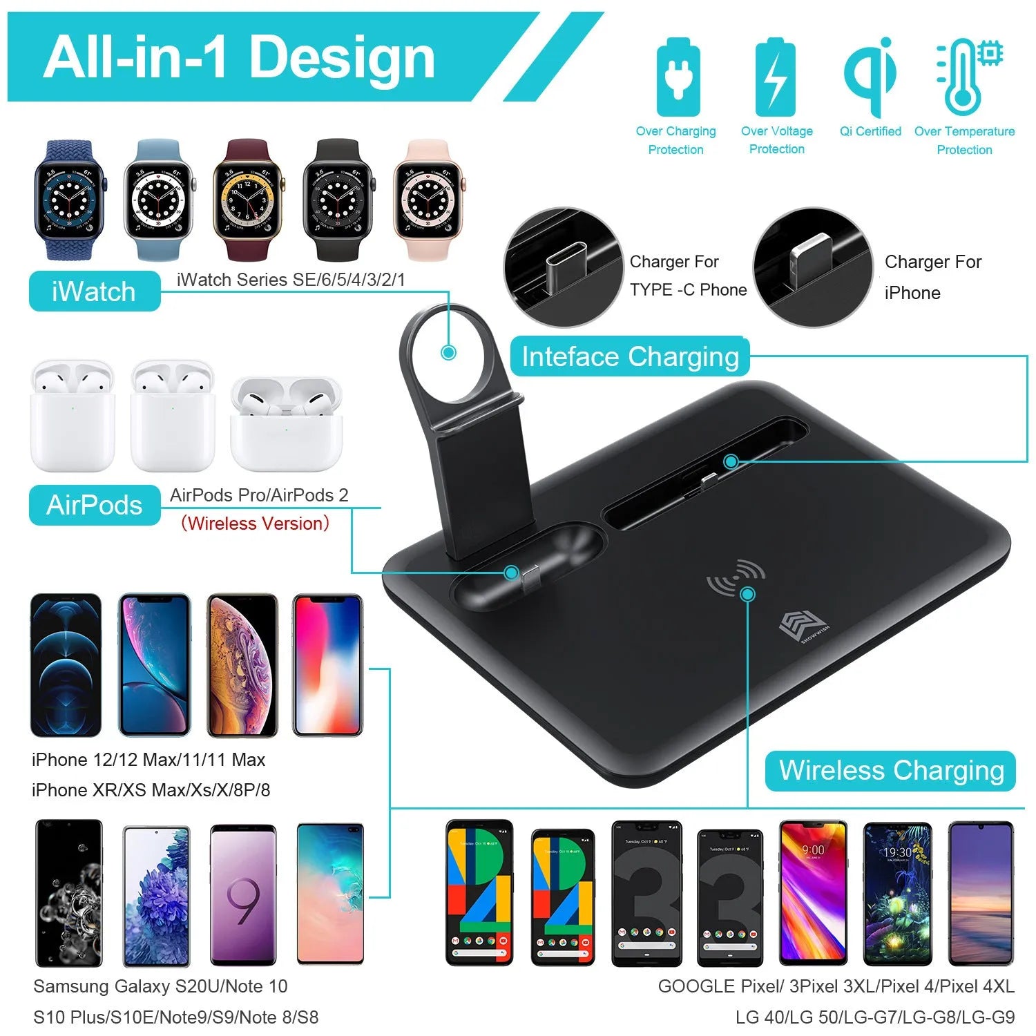 Black wireless charging station for phone, watch and headphones on desk
