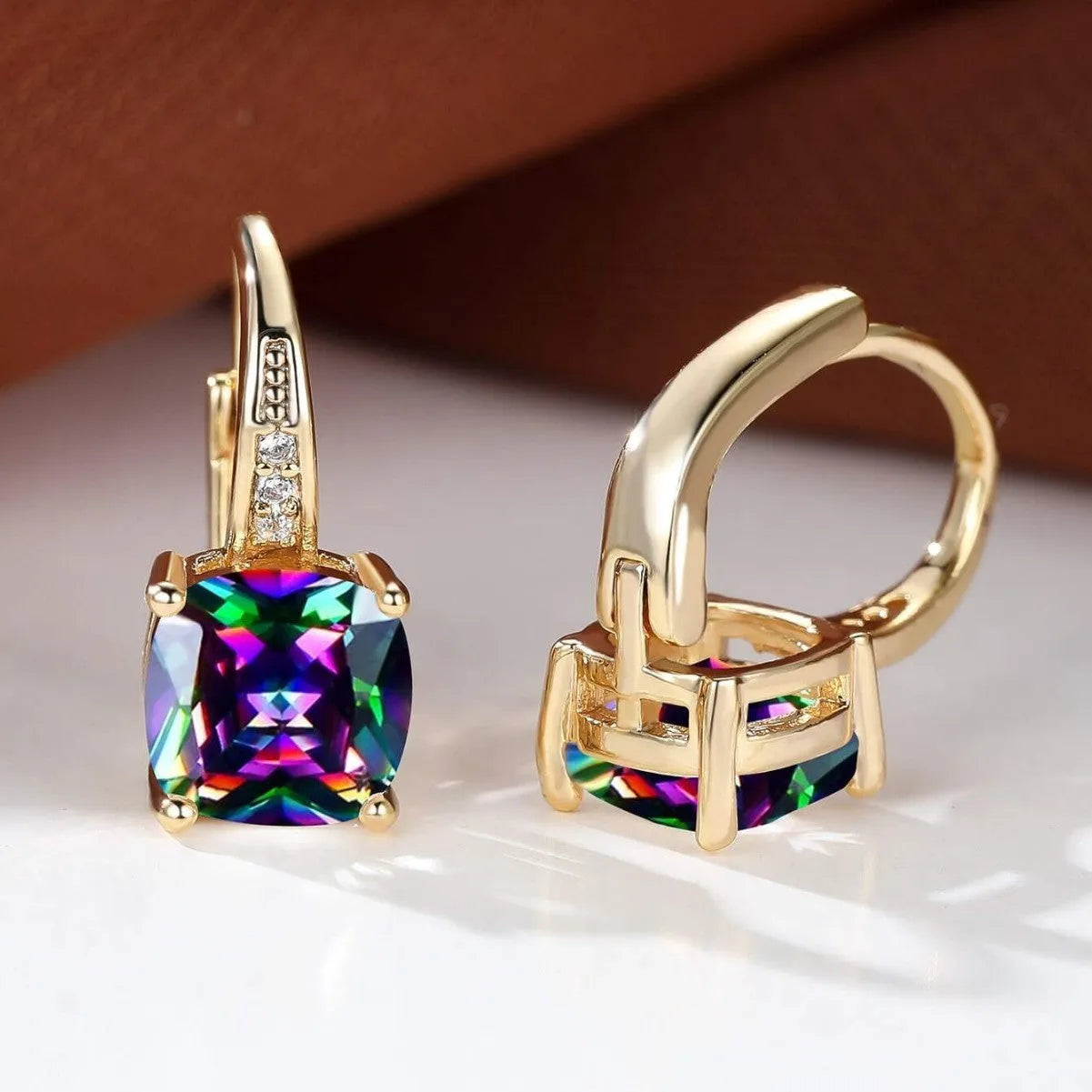 Square geometric moissanite ear clips with colourful stone inlay and electroplated finish