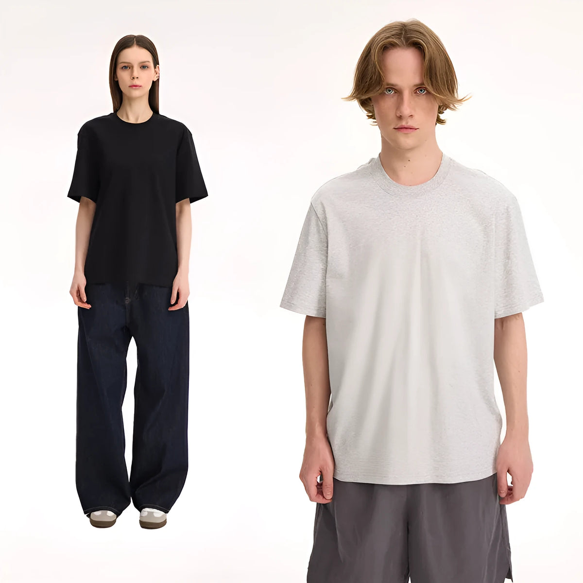 Pure cotton solid colour short sleeve T-shirt in black, white, grey and melange grey, sizes S to XL
