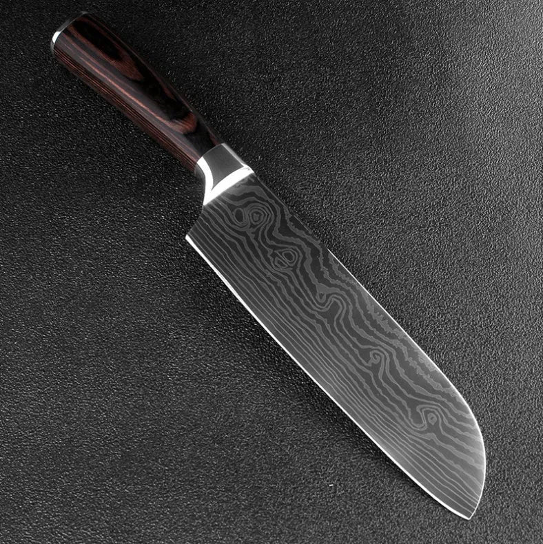 7Cr17 stainless steel chef knife with 18cm blade, laser Damascus pattern, and coloured wood handle