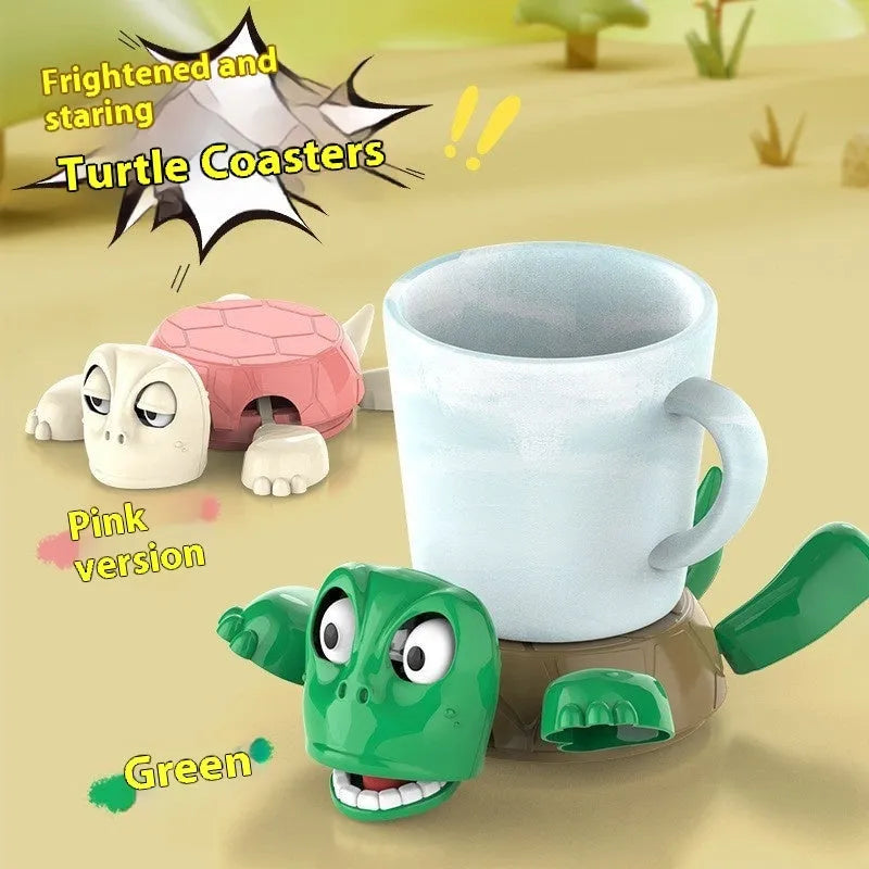 Turtle-shaped ABS plastic coaster in light green on a wooden table