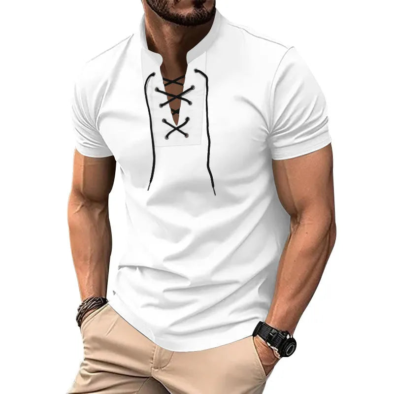 Men's loose fit V-neck V-tie short sleeve polyester T-shirt in solid colour, front view