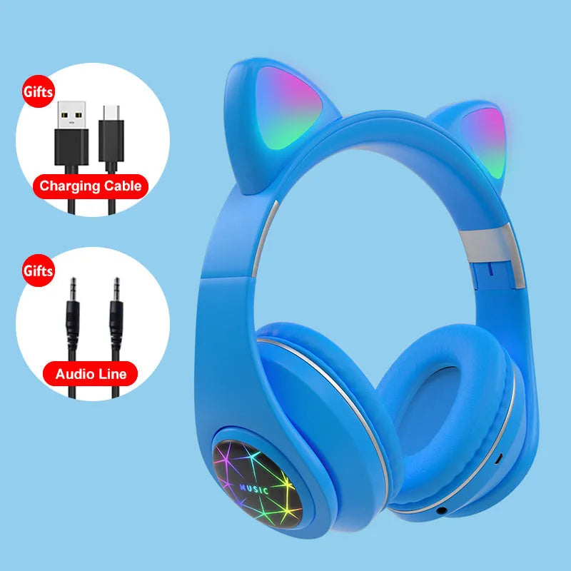 Cat ear style wireless Bluetooth sports headset shown in multiple colour options including pink, blue, and black.