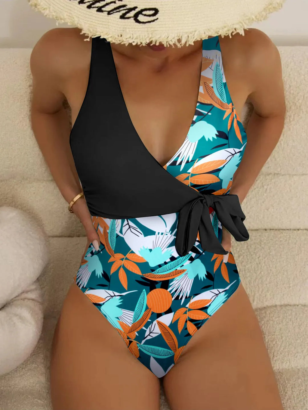 Women's high waist one-piece swimsuit with printed pattern in polyester-nylon quick-drying fabric