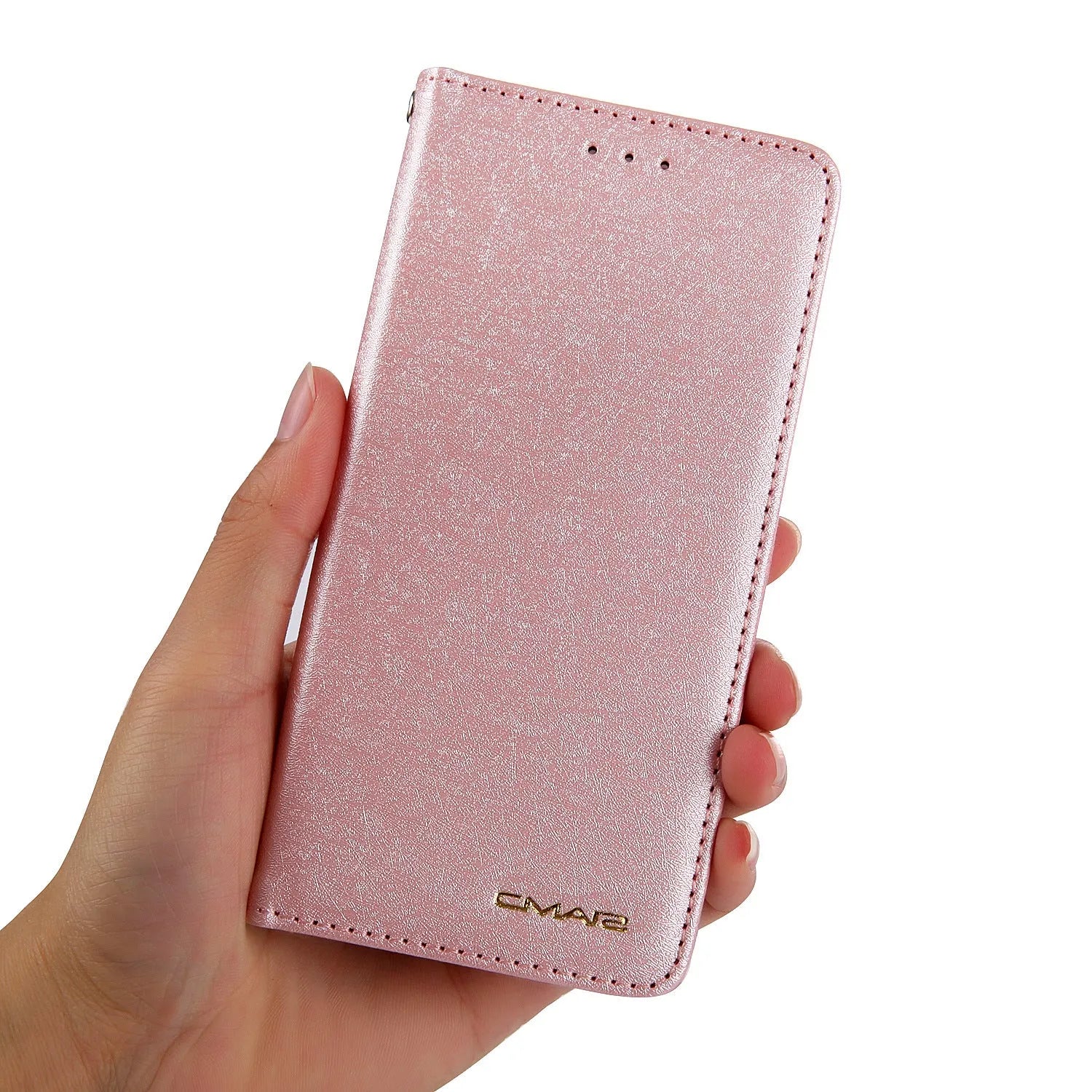 Black PU leather flip case for iPhone shown open, revealing interior card slot and phone cradle.