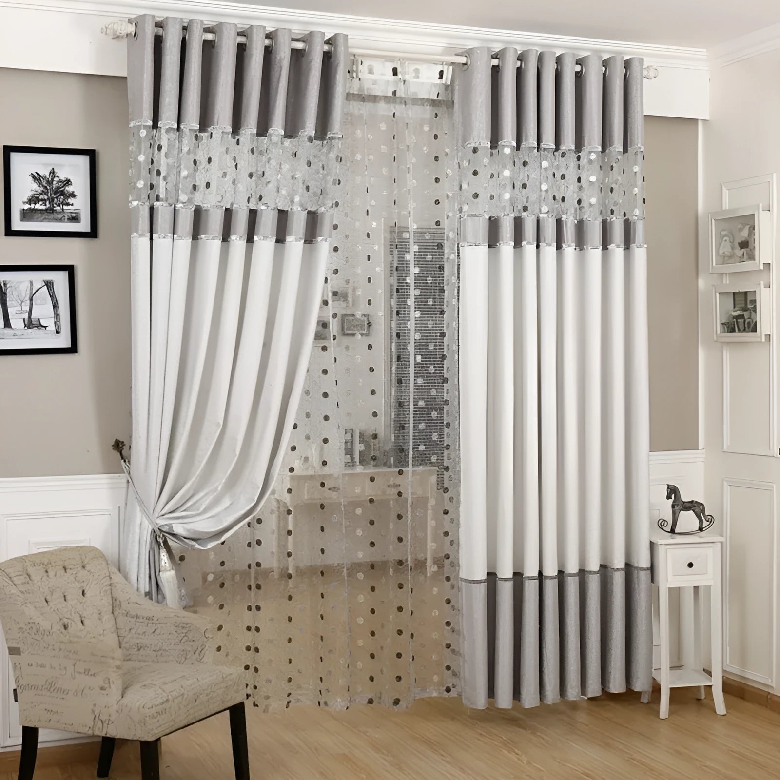 Simple blackout curtain panel shown hanging, with size options from 100cm to 400cm wide.