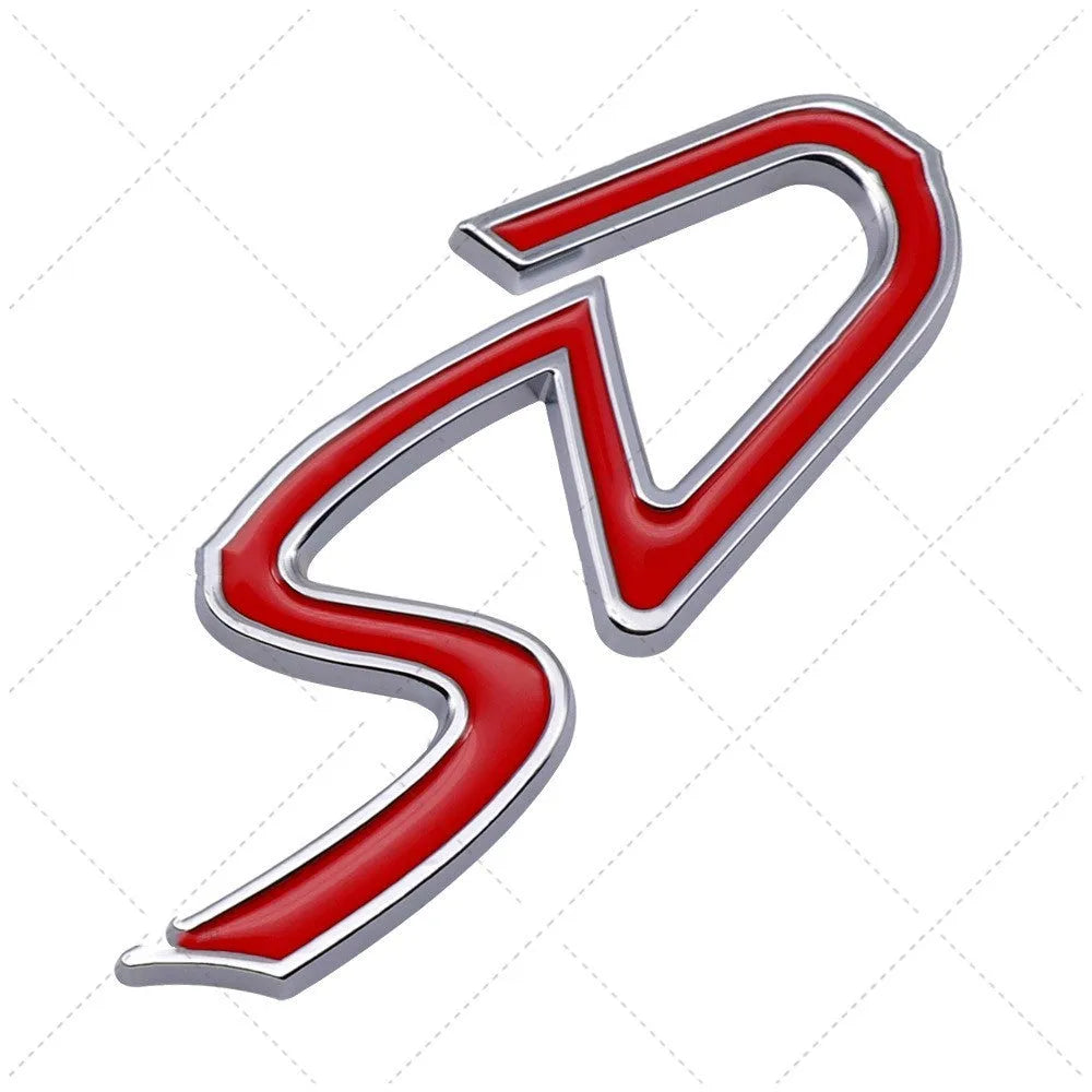 SD metal decorative car bumper sticker in red silver colour combination showing SD pattern design