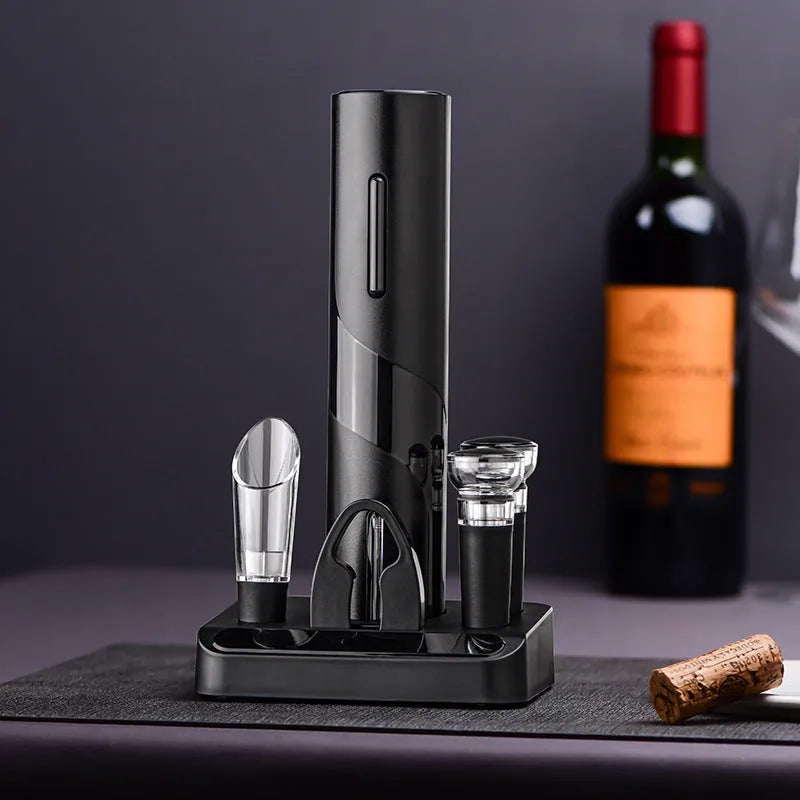 New Base five-in-one electric bottle opener set with black ABS decanter, vacuum stopper, foil knife, and storage base