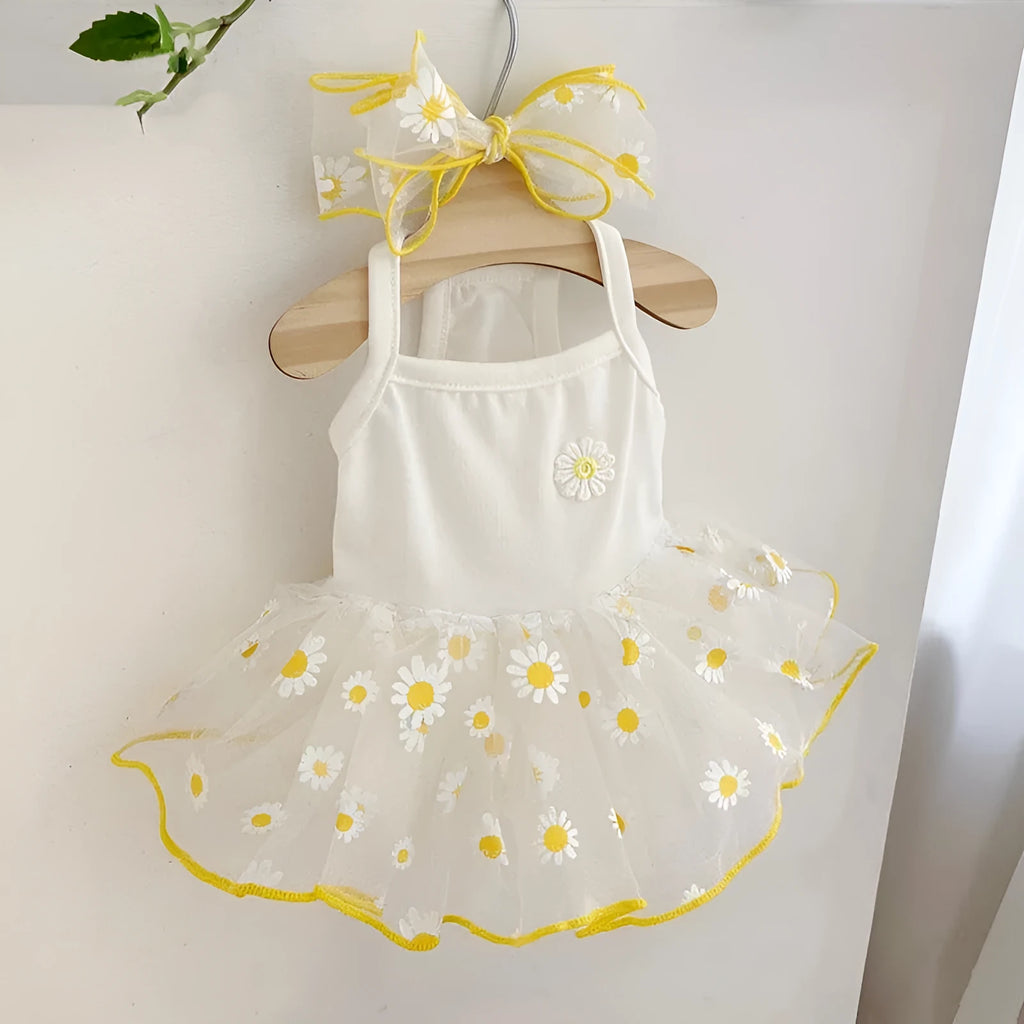 Yellow daisy print dog clothes on pet with lightweight polyester summer outfit