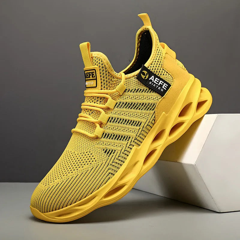 Men's mesh casual running shoes in Korean style with cross straps, available in black green yellow colours