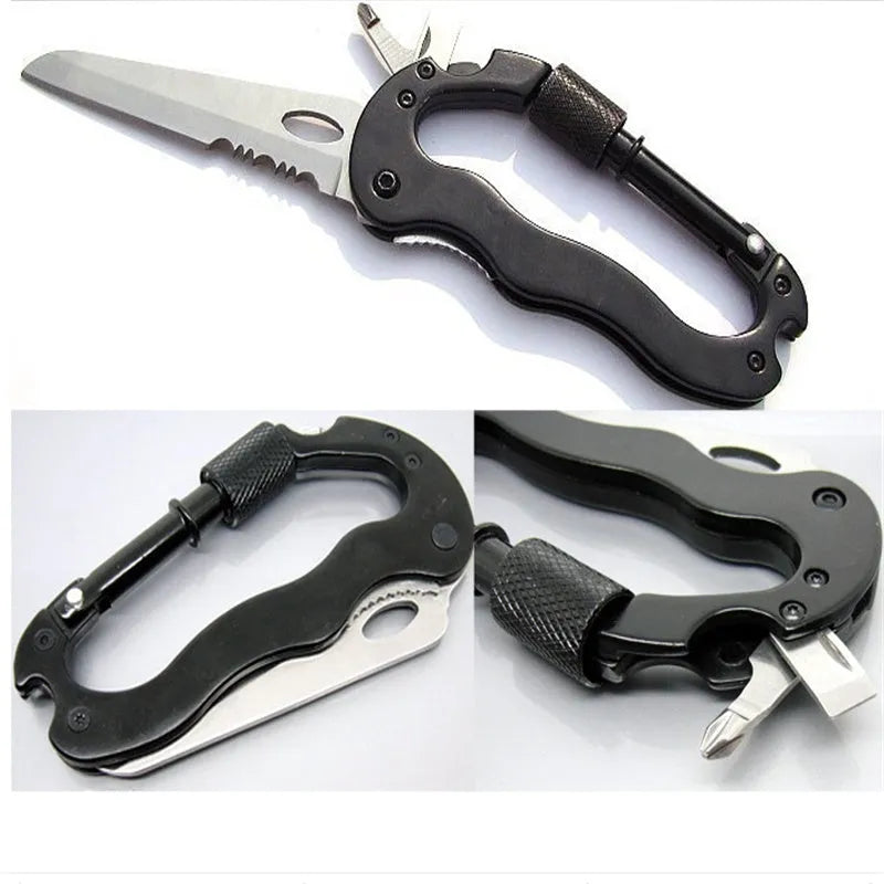 Multifunctional carabiner fast hanging buckle folding knife tool black aluminium alloy with 7.5cm blade