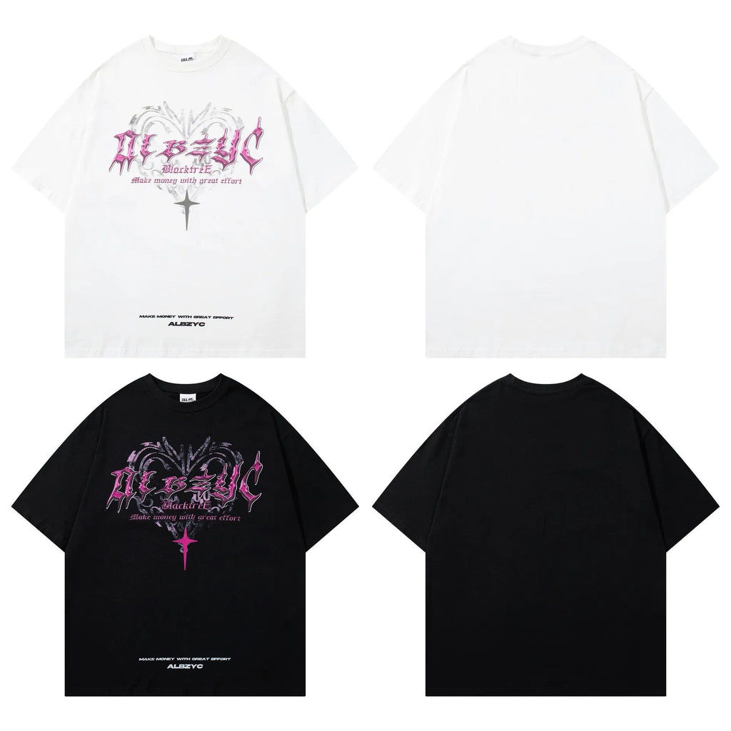 Men's retro printed cotton t-shirt with short sleeves and round neck in black and white options