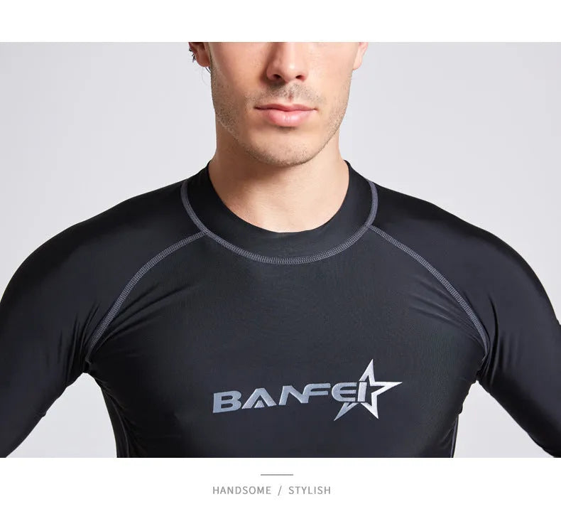 Men's blue half-sleeve quick-dry nylon swimsuit top and pants set for swimming and surfing.