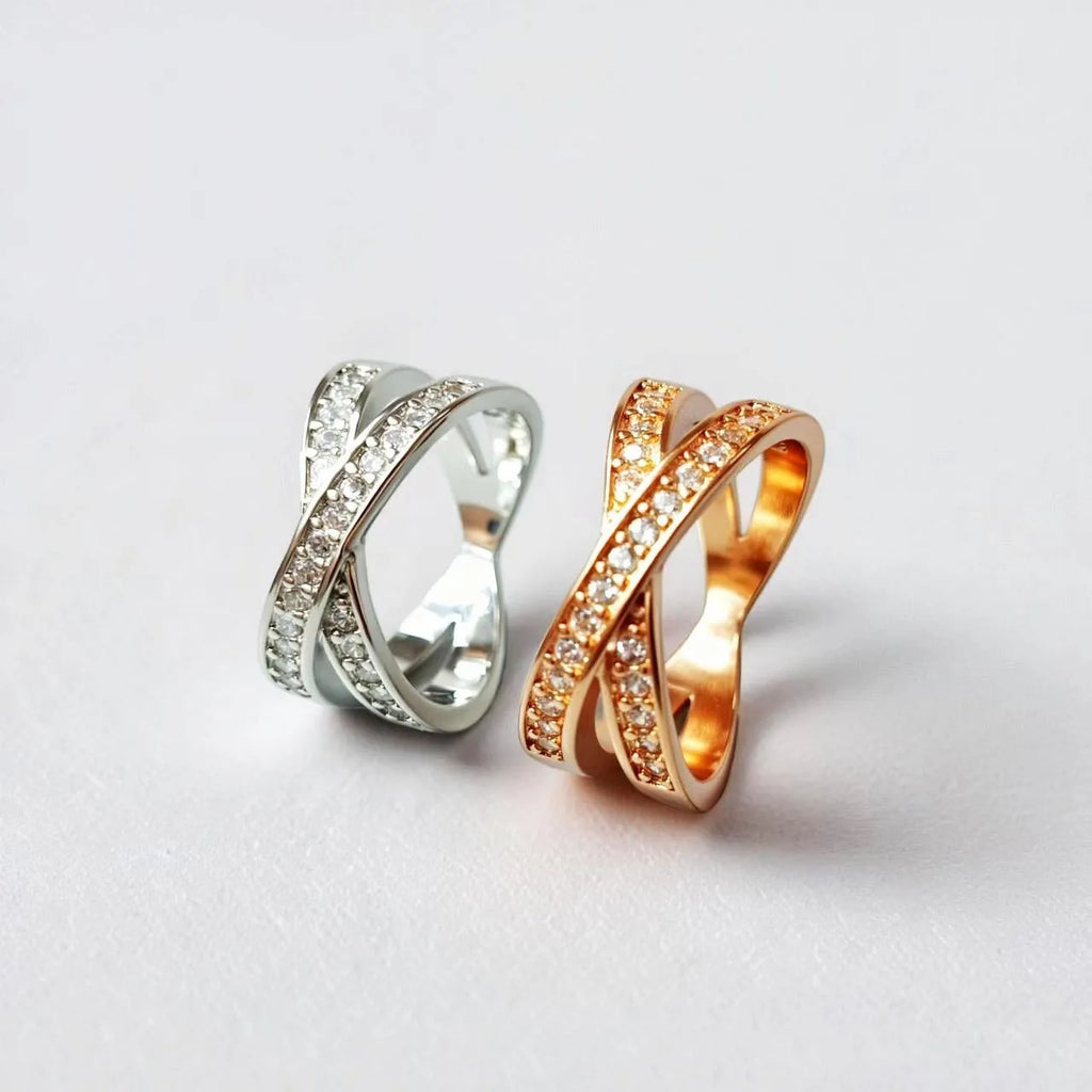 Metal cross ring with micro-inlaid zircon detailing in silver or rose gold electroplated finish