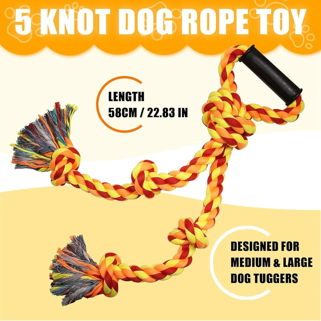 Blue and yellow cotton rope tug toy for large breed dogs with humanised handle