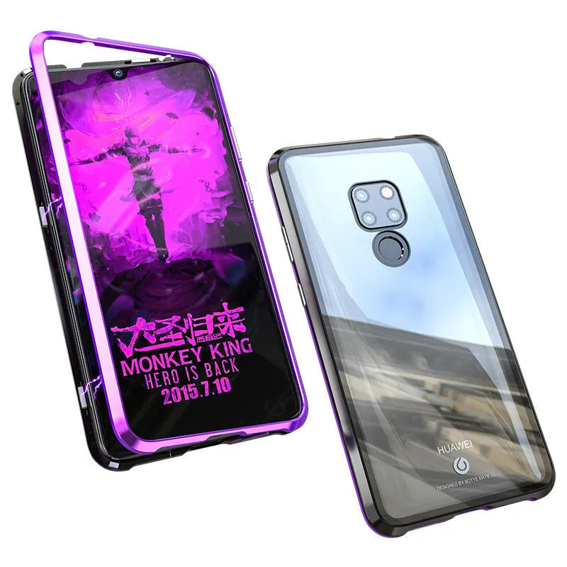 Black magnetic phone case with metal frame and clear tempered glass back for Huawei P30