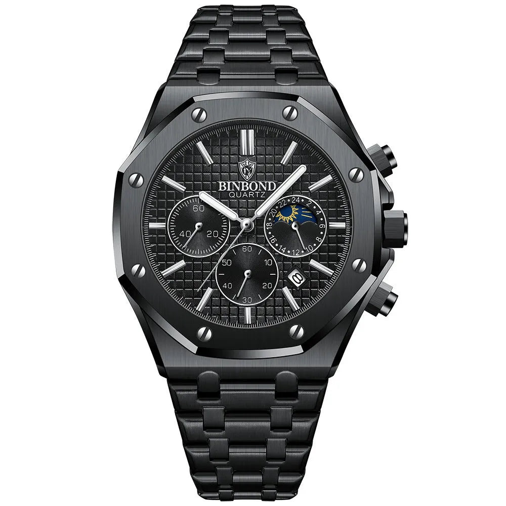 Men's multi-function sports watch with 42mm round metal dial, quartz movement, and butterfly buckle strap