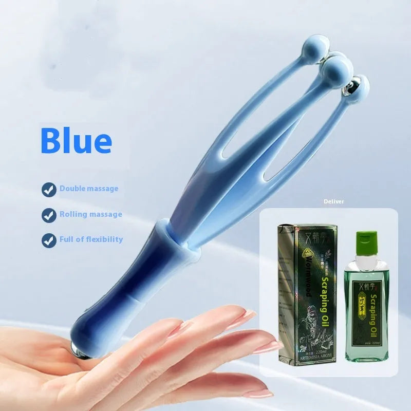 Blue and white PP plastic finger massager with visible electroplated steel balls for hand joint rolling therapy.
