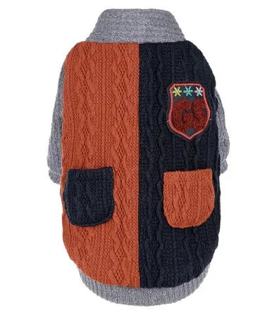 Blue cotton pullover dog sweater on a small breed dog, shown against a neutral background