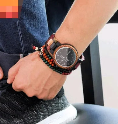 Men's casual wooden quartz watch with 45mm round dial, week calendar, wood strap, and stainless steel buckle