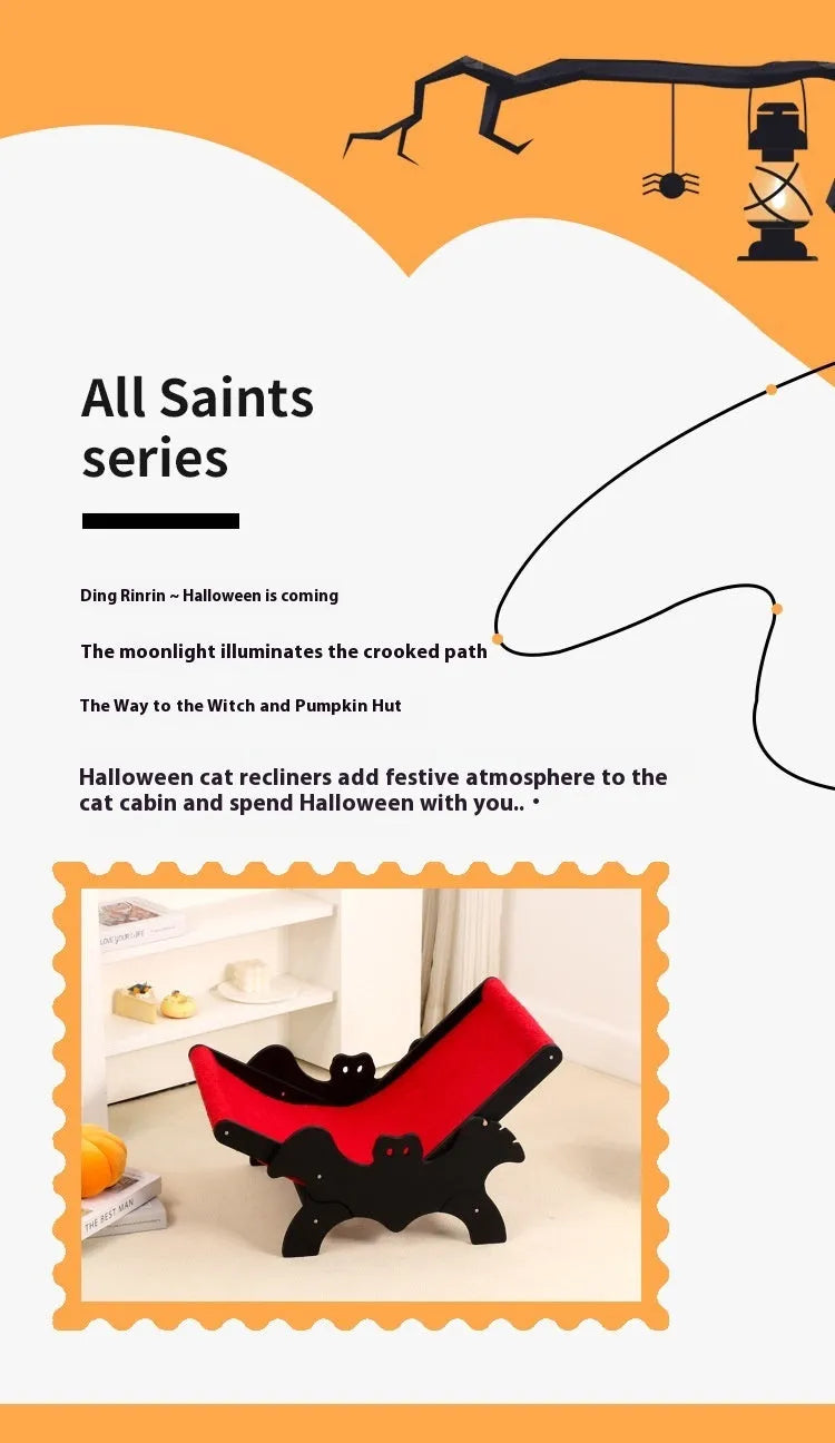 Black and red Halloween themed wooden cat recliner bed with bat decorations