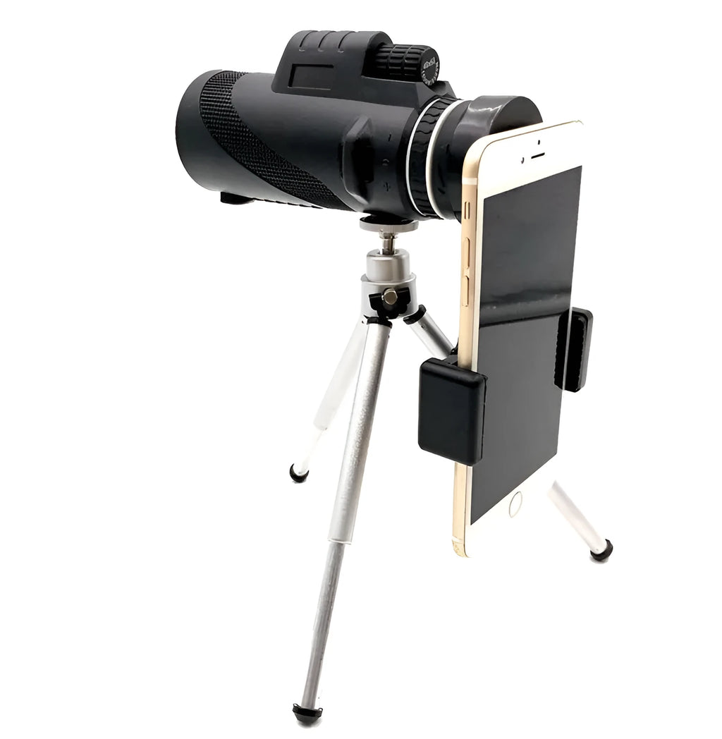 Black 40x60 smartphone monocular telescope with mounting adapter on a phone for HD observation.