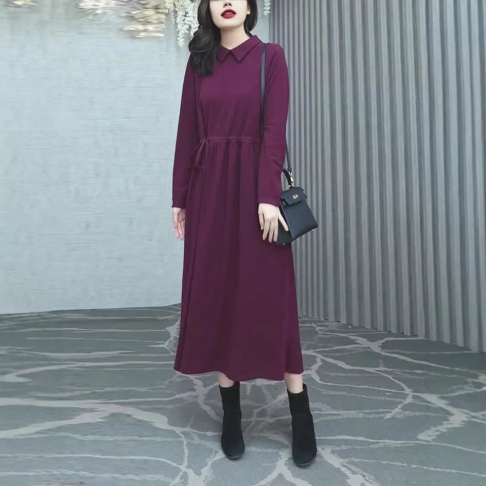 Purplish red plus size winter dress with extra long sleeves for women