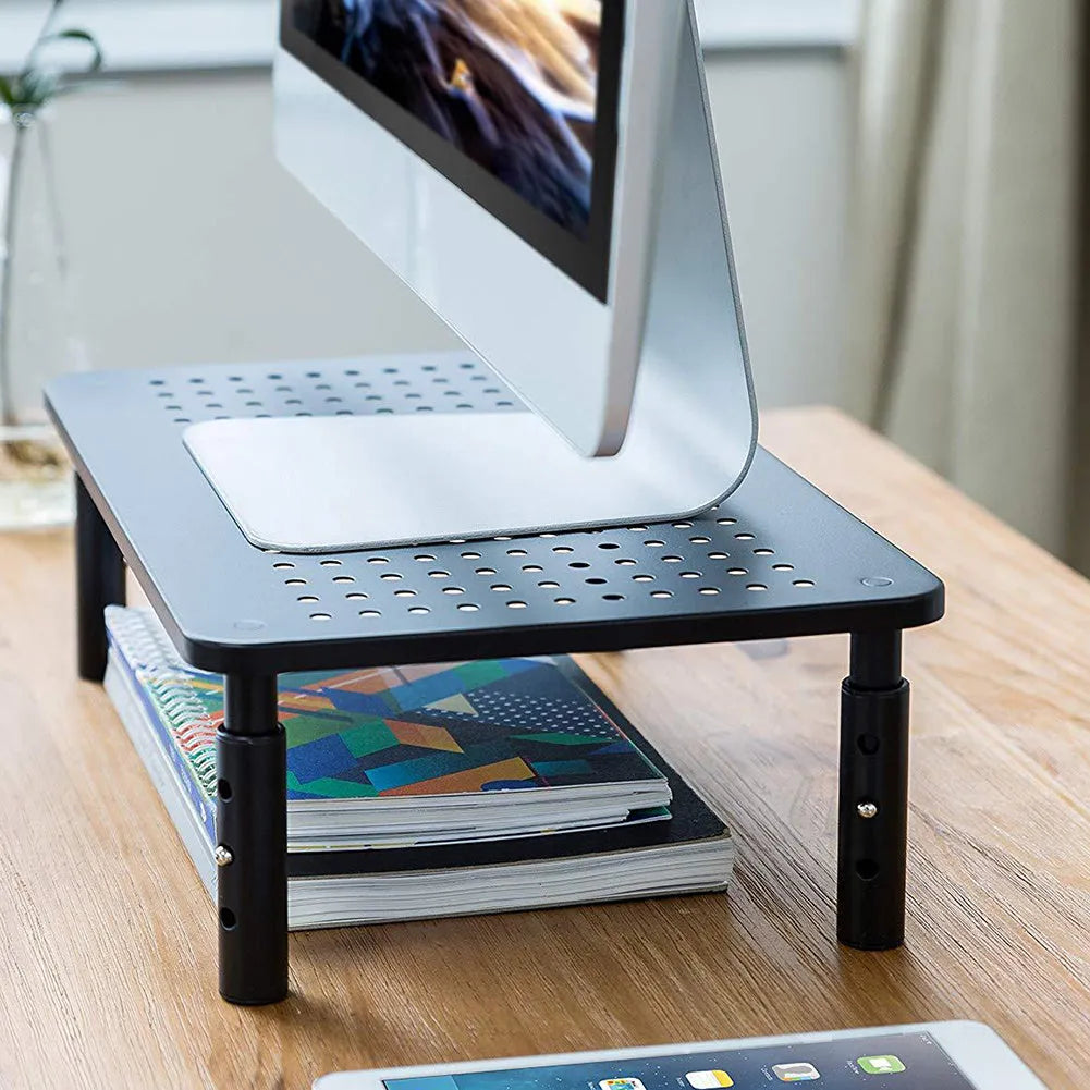 Black iron desk heightening rack with mesh surface and adjustable height 370x235x140mm