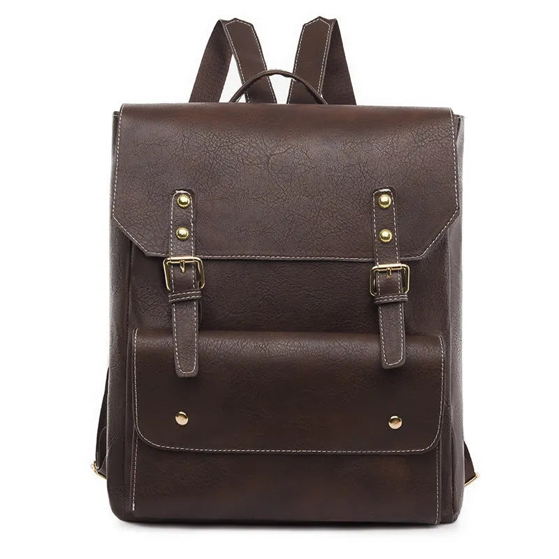 Korean retro style PU backpack in black showing soft construction and ventilation features