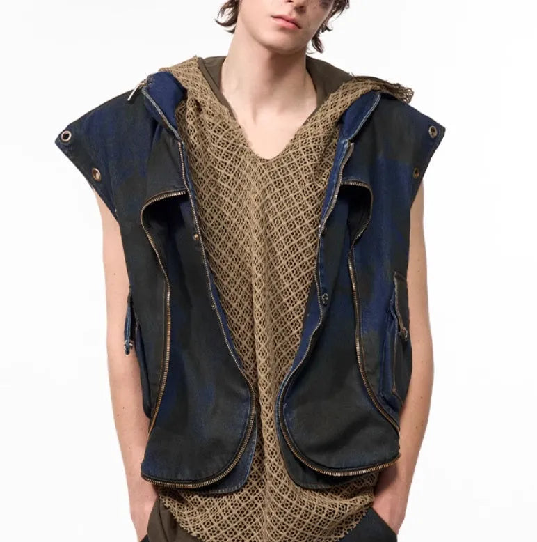 Blue Korean-style hooded denim vest coat with zipper front and matching trousers